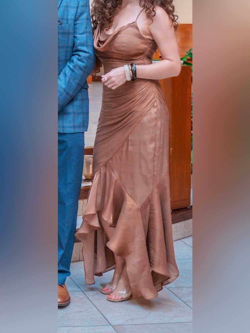 Meshki Brown Copper Satin Draped Midi Dress with Ruffle Hem